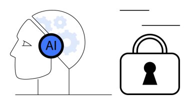 Yapay zeka ikonu ve teçhizatlı insan kafası. Yakınlarda güvenliği temsil eden büyük bir asma kilit. Yapay zeka geliştirme, siber güvenlik, veri koruması, gizlilik, teknoloji, makine eğitimi ve yenilik temaları için ideal
