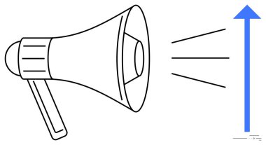 Megafon yukarı doğru yükselen bir okun yanında ses dalgaları yayarak ilerlemeyi sembolize ediyor. Ticari büyüme, pazarlama, iletişim, satış iyileştirmesi, duyurular, motivasyon sunumları için ideal