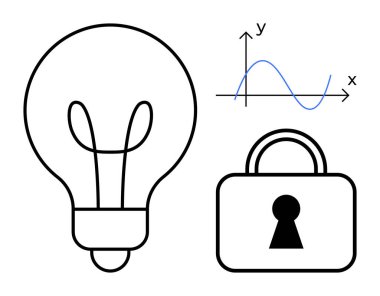 Fikirleri sembolize eden ampul analiz için sinüs dalgası grafiği ve güvenlik için asma kilit. Yenilik, sorun çözme, veri analizi, siber güvenlik, iş geliştirme, teknoloji stratejileri için ideal