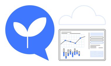 Veri analizi arayüzü ve bulut sembolünün yanı sıra, yaprak ve çevre dostu fikirleri temsil eden konuşma balonu. Sürdürülebilirlik, veri analizi, bulut hesaplaması, çevre teknolojisi ve iş için ideal