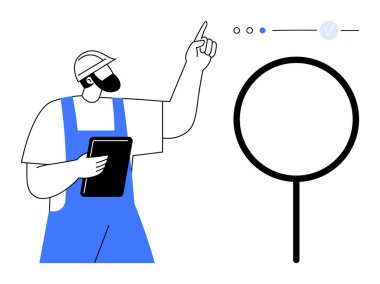 Construction worker in blue overalls holding clipboard, pointing at magnifying glass icon. Ideal for project management, construction planning, analysis, instruction, teamwork, safety briefings clipart