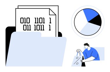 Bir klasörün içinde ikili kodlu dijital belgeler, veri dağılımını temsil eden pasta grafiği ve alışveriş yapan bir insan. Veri analizi, depolama çözümleri, e-ticaret, alışveriş analizleri için ideal