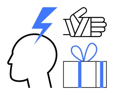 Human head with blue lightning bolt, blue and black bandaged hand giving a thumbs-up, black gift box with blue ribbon. Ideal for mental health, recovery, motivation, rewards, healthcare, support clipart