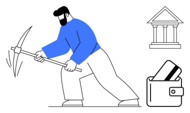 Elinde kazma, banka binası ikonu ve kredi kartıyla cüzdanı olan mali çıkarmayı ve ekonomik çabayı temsil eden bir adam. Finans, ekonomik madencilik, bankacılık, dijital para birimi için ideal