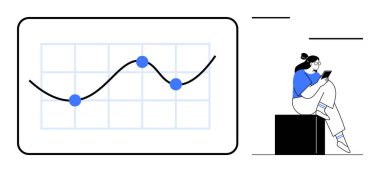 Tablet kullanırken bir blokta oturan bir kadın, veri noktaları ve eğilimleri gösteren bir çizgi grafikle. Veri analizi, iş büyümesi, teknoloji, eğitim, istatistik, araştırma, sunumlar için ideal