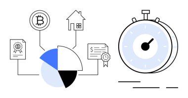 Bitcoin 'e bağlı turta şeması, ev, sağda sol zamanlayıcı sertifikaları. Finans, yatırım, zaman yönetimi, refah dağılımı, ekonomik eğilimler, engelleme zinciri eğitimi, analitik
