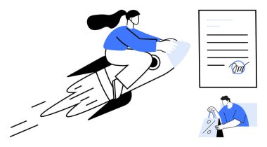 Roket süren at kuyruklu kadın aşağıda alışveriş torbaları olan doğru kişiye kontrat imzaladı. Ticari büyüme, girişim başarısı, e-ticaret, sözleşmeler, dağıtım, hırs ve yenilik için ideal