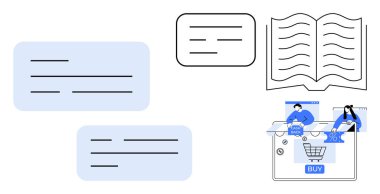 Konuşma baloncukları, açık kitap ve alışveriş arayüzü insanların alışveriş arabasına ekleme ve çıkış yapmalarıyla. Eğitim, e-ticaret, UIUX tasarımı, dijital iletişim, müşteri hizmetleri, içerik