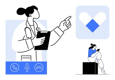 Doktor elinde dosya, elinde tabletle oturan hastayı işaret ediyor. Teletıp, sanal sağlık, çevrimiçi danışma, sağlık uygulamaları, dijital teşhis, hasta iletişimi, tıbbi danışma için ideal