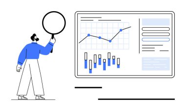 Mavili iş analisti, büyüteç kullanarak grafik ve grafiklerle veri panelini inceliyor. Veri analizi, iş anlayışı, piyasa araştırması, sunumlar, teknoloji ve finans için ideal