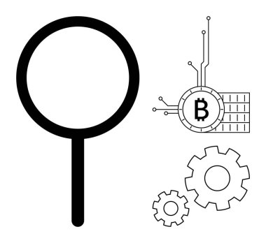 Büyüteç, devre çizgileri olan Bitcoin sembolü ve engelleme teknolojisinin keşfi ve analizini temsil eden dişliler. Kripto para birimi, fintech, veri analizi, teknoloji ve dijital için ideal