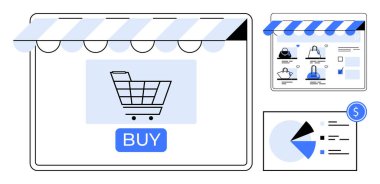 Satın alma düğmeli alışveriş arabası simgesi çizgili tentenin altında ürün listeleri, pasta grafiği analitik paneli. Çevrimiçi perakende satış, iş sunumu, pazarlama stratejileri ve e-ticaret büyümesi için ideal