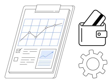 Büyüme tablosu, kredi kartlı cüzdan ve vites sembollü mali belge. Finans, iş planlaması, bütçe, yatırım, veri analizi finansal yönetim organizasyonu için idealdir. Çizgi