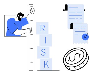 Blokları RISK harfleriyle ölçen adam, işaretli belgeler ve mali risk değerlendirmesini sembolize eden bir para. Finans, risk yönetimi, karar verme, iş stratejisi için ideal