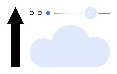 Siyah yukarı doğru ok, açık mavi bulut, mavi ve beyaz işaret, yön bulma noktaları. Bulut bilgisayarı, navigasyon, ilerleme takibi, veri transferi, bulut depolama başarısı dijital arayüzü için ideal