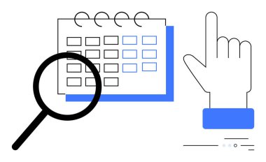 Büyüteç, takvim ızgarası incelenirken, el de ekranda işaret parmağı kaldırıyor. Zamanlama, planlama, üretkenlik, organizasyon, zaman yönetimi, etkinlik planlaması, araştırma için ideal