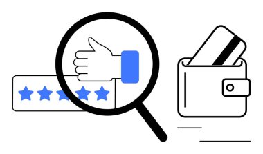 Cüzdanında kredi kartı olan bir cüzdanın yanında yıldız puanının üstünde bir parmakla gösterilen büyüteç. Müşteri geribildirimleri, memnuniyet anketleri, çevrimiçi değerlendirmeler, e-ticaret, mali işlemler için ideal