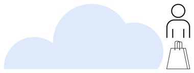 Minimalist kullanıcı figürlü ve alışveriş çantalı büyük bir bulut. Bulut hesaplama, çevrimiçi alışveriş, e-ticaret, müşteri hizmetleri, dijital pazarlama, veri depolama, teknoloji için ideal. Satır metaforu