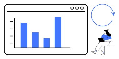 Ekranda dört mavi çubuk bulunan bar tablosu dizüstü bilgisayarla oturan kişi tarafından analiz ediliyor. Veri analizi, iş büyümesi, istatistiksel değerlendirme, öğrenci projeleri, mali raporlar, teknoloji için ideal