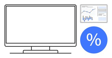 Boş ekran, finansal tablo ve büyük yüzde sembollü bilgisayar monitörü. Dijital pazarlama, e-ticaret, mali analiz, iş büyümesi, çevrimiçi eğitim, satış promosyonu için ideal