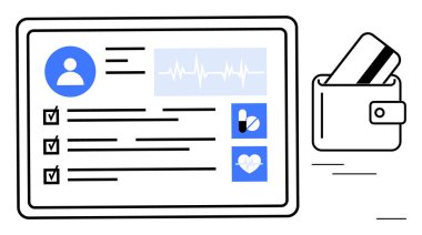Tabletteki dijital sağlık kayıtları hasta bilgilerini, kalp atış hızını, ilaç, sağlık, kontrol listesi, kredi kartlı cüzdanı gösteriyor. Sağlık, teletıp, sağlık yönetimi sağlık faturası için ideal