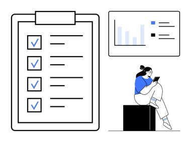 İş kadını panodaki kontrol listesini inceliyor ve ekrandaki veri tablolarını analiz ediyor. Üretim, organizasyon, proje yönetimi, görev planlaması, veri analizi, iş stratejisi için ideal