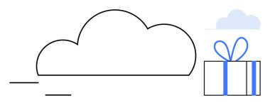 Kabarık çizgileri olan büyük bulut, küçük mavi gölgeli bulut ve mavi kurdeleli hediye kutusu. Teknoloji hizmetleri, dijital depolama, bulut hesaplama, veri paylaşımı, çevrimiçi hizmetler, web sunuculuğu için ideal