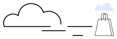 Alışveriş çantasının yanında siyah çizgi bulutu var. E-ticaret, online alışveriş, bulut teknolojisi, dijital hizmetler, basitlik, tüketici davranışı, alışveriş keyfi için ideal. Satır metaforu