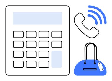 İş hesap makinesi, sinyal dalgalı telefon ve fiyat etiketli mavi çanta. Ticari iletişim, perakende fiyatlandırma, alışveriş, satış yönetimi, müşteri hizmetleri, muhasebe finansmanı için ideal