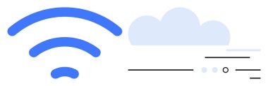 Minimalist çizgileri ve noktaları olan bir bulutun yanında kablosuz sinyal simgesi. İnternet bağlantısı, bulut depolama, teknoloji, dijital medya, çevrimiçi hizmetler, uzaktan çalışma, dijital dönüşüm için ideal