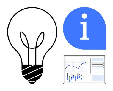 Fikirleri, bilgi simgesini ve grafik ve grafiklerle veri analizini sembolize eden ampul. Yenilik, bilgi paylaşımı, veri analizi, iş zekası, bilgi için ideal