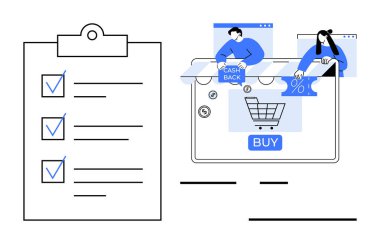 Nakit parası, indirim etiketi, satın alma düğmesi ve bitişik kontrol listesi olan dijital alışveriş arabası. E-ticaret, çevrimiçi alışveriş, finansal planlama, indirim stratejileri, dijital pazarlama için ideal