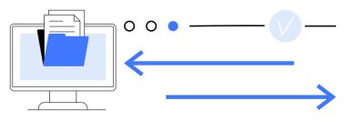Dizin ve belgeli bilgisayar monitörü, zıt yönleri gösteren iki yatay mavi ok, ilerleme göstergeleri. Veri transferi, dosya paylaşımı, ofis görevleri, belge yönetimi için ideal