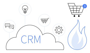 CRM bulutu bir ampul, sohbet baloncukları, alışveriş arabaları ve bir vitese bağlı. Tebligat ve ateş sembolü olan alışveriş arabası. İş, pazarlama, müşteri hizmetleri, satış yeniliği için ideal