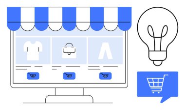 Bilgisayar monitörü, raflar dolusu ürün ve alışveriş arabalarıyla bir mağaza vitrini gösteriyor. Ampul ve alışveriş arabası simgeleri yan tarafta. E-ticaret, çevrimiçi alışveriş, dijital pazarlama, perakende satış için ideal