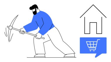 Kazmalı bir madencilik, yanında bir ev ve alışveriş arabası sembolü var. Çevrimiçi alışveriş, veri madenciliği, e-ticaret, emlak, dijital yatırım, evden çalışma ve perakende trendleri için ideal