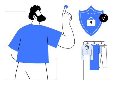 Man pressing button beside shield with lock protection icon and clothing rack. Ideal for security systems, cybersecurity, ID protection, data safety, clothing, personal security, smart technology clipart