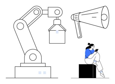 Robot kol iş başında, anonslar için megafon ve tablet kullanan bir kadın. Teknoloji, endüstri, iletişim, otomasyon, aletler, yenilik modern çalışma için idealdir. Satır metaforu