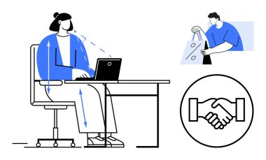 Masada dizüstü bilgisayarda yazan bir kadın, alışveriş torbaları tutan bir adam ve tokalaşma ikonu. Uzak çalışma, e-ticaret, iş anlaşmaları, takım çalışması, çevrimiçi işlemler, dijital işbirliği için ideal