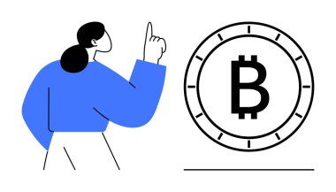 Mavi kazaklı kadın Bitcoin sembolünü işaret ediyor. Kripto para birimi, yatırım, finans eğitimi, dijital cüzdanlar, engelleme teknolojisi, fintech ve çevrimiçi işlemler için ideal. Çizgi