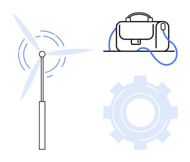 Dönen bıçaklı rüzgar türbini, profesyonel evrak çantası ve yeşil enerji, iş verimliliği ve mühendislik yeniliği kavramlarını gösteren yarı şeffaf dişli. Sürdürülebilirlik için ideal