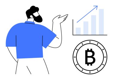 Man pointing at a rising bar chart and a Bitcoin symbol. Ideal for cryptocurrency, investment, financial growth, blockchain technology, economic trends, digital currency, educational contexts. Line clipart