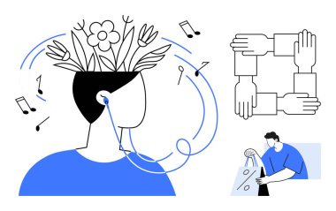 Çiçek açan bir insan kafası, etrafta notalar, dört el kenetlenmiş, alışveriş torbaları tutan bireyler. Yaratıcılık, takım çalışması, gevşeme, kişisel büyüme, zihinsel sağlık alışverişi için ideal