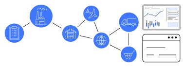Üretim tesisi, depo, dünya, uçak, teslimat kamyonu, alışveriş arabası, dosya, analitik gösterge paneli dahil olmak üzere tedarik zincirinin akış şeması. Lojistik ve ulaşım için ideal