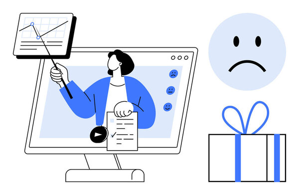 Ведущий указывает на график на экране во время онлайн-вебинара, в то время как грустные эмоции лица реагируют и отображается упакованная подарочная коробка. Идеально подходит для онлайн-образования, веб-бинаров, электронного обучения, виртуального