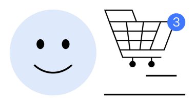 Basit bir gülümsemesi olan mutlu yüz ikonu, üç parçalı mavi daireli alışveriş arabası. E-ticaret, müşteri memnuniyeti, çevrimiçi alışveriş, kullanıcı arayüzü, perakende pazarlama için ideal
