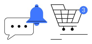 Tebligat kartlı alışveriş arabası 3 numarayı ve üç noktalı sohbet baloncuğunu gösteriyor. E-ticaret, hatırlatmalar, uyarılar, alışverişler, iletişim, müşteri hizmetleri, çevrimiçi satışlar için ideal