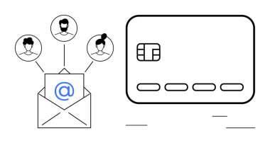 Üç kullanıcı profili simgesine bağlı bir e- posta simgesi ile zarf. Kredi kartında çip ve numaralar var. İletişim yönetimi, ödemeler, müşteri hizmetleri, e-ticaret, dijital pazarlama için ideal