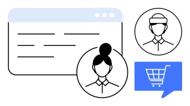 Metin satırları ve mavi konuşma balonunda alışveriş arabası ikonu olan bir web arayüzü penceresinin yanında iki kullanıcı avatarı. E-ticaret, kullanıcı profilleri, site UI, çevrimiçi işlemler, müşteri alımı için ideal