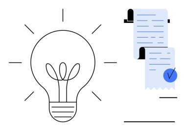 Mavi işaretli kontrol listesi simgesinin yanında parlayan çizgileri olan ampul. Yaratıcılık, yenilik, fikir üretimi, görev yönetimi ve organizasyon için ideal. Basit ve modern stil